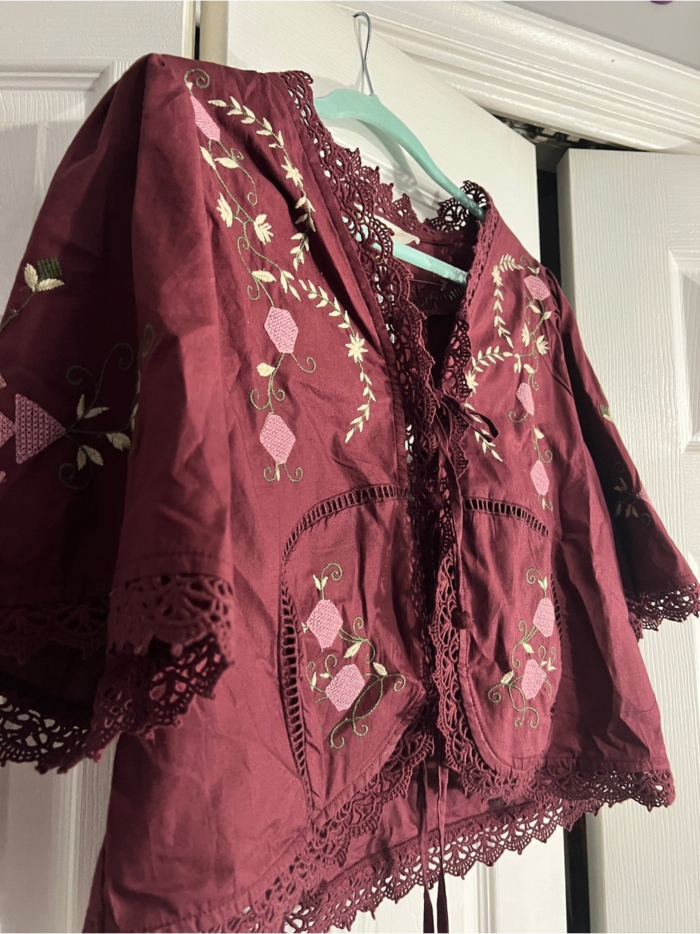 Embroidered Burgundy Women's Blouse with Lace Trim - Picture 4 of 10